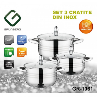 Set 3 Oale Inox Baza Inductie, Capace Sticla, Grunberg GR1061