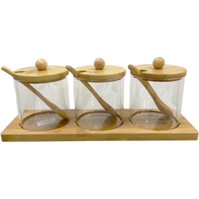 Set 3 Recipiente Condimente din Sticla cu Capac si Suport Lemn 3-45 CNN52926