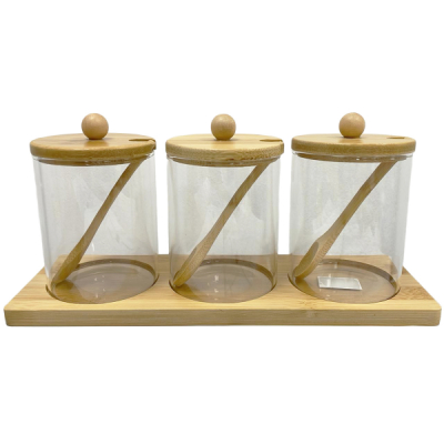 Set 3 Recipiente Condimente din Sticla cu Capac si Suport Lemn 3-46 CNN52925