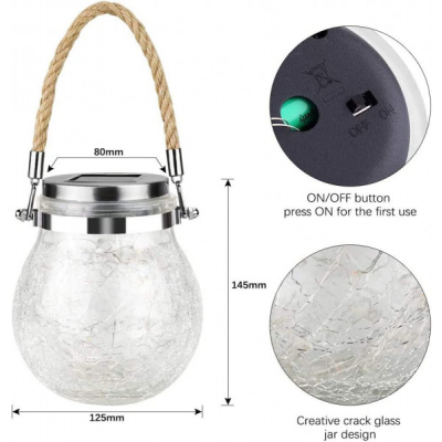 Set 4 Lampi Solare Borcan Sticla Crack, Felinar IP65 Glob LED Multicolor