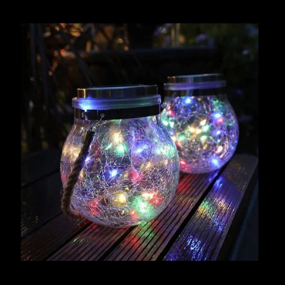 Set 4 Lampi Solare Borcan Sticla Crack, Felinar IP65 Glob LED Multicolor