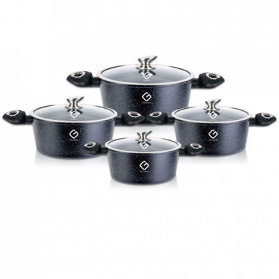 Set 8 piese 4 Vase Gatit Aluminiu Marmorat Compatibile Inductie Grunberg GR2716A Albastru