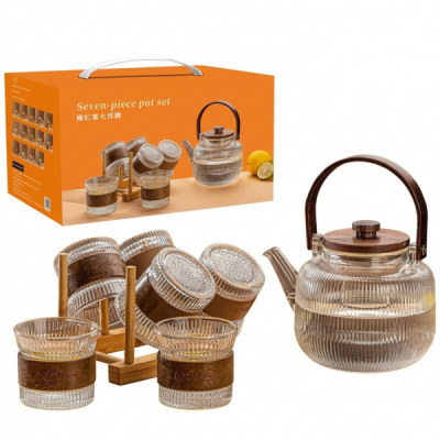 Set Ceainic 1.28L cu 6 Pahare Sticla 185ml Suport Lemn Wei A16496 DNC68108