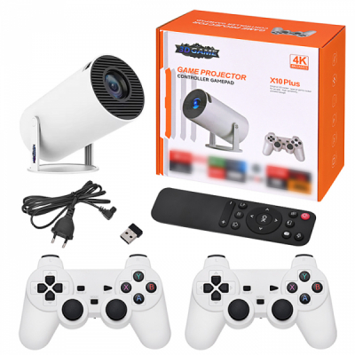 Set cu proiector de jocuri 3D X10 Plus 2 controlere 4K 60W 5G Wi-Fi 10.1x10.35cm alb