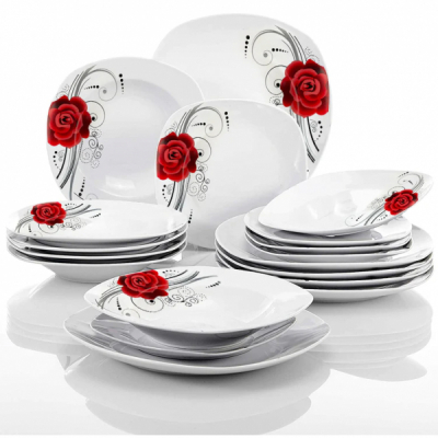 Set Masa Portelan Patrat 6 Persoane 18 piese Trandafir Rosu 1258 ArtCraft