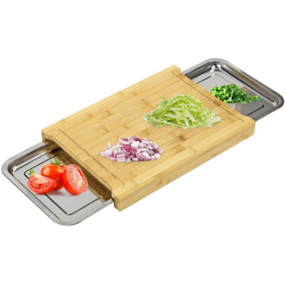 Set Tocator Bambus cu Santuri Scurgere si 2 tavi INOX 42x30x4cm GR6233