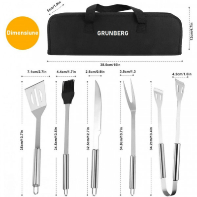 Set Ustensile din Inox pentru gratar 5 piese cu Husa Grunberg UG5PS