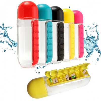 Sticla de Apa 600ml cu Organizator Pastile Detasabil Pill Organizer