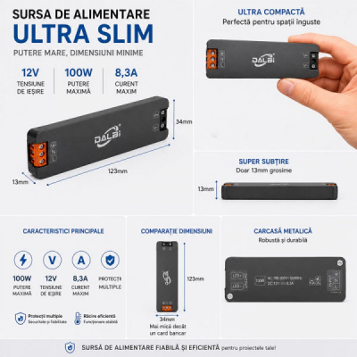 Sursa Alimentare LED 12V 100W 8.3A Ultra Slim 13mm DALBI 7E099 XXM