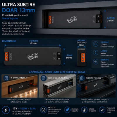 Sursa Alimentare LED 12V 100W 8.3A Ultra Slim 13mm DALBI 7E099 XXM