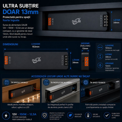 Sursa Alimentare LED 12V 150W 12.5A Ultra Slim 13mm DALBI 7E100 XXM