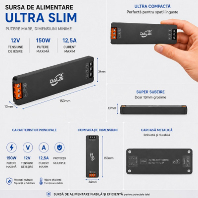 Sursa Alimentare LED 12V 150W 12.5A Ultra Slim 13mm DALBI 7E100 XXM