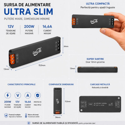 Sursa Alimentare LED 12V 200W 16.6A Ultra Slim 13mm DALBI 7E101 XXM