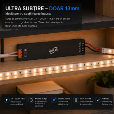 Sursa Alimentare LED 12V 200W 16.6A Ultra Slim 13mm DALBI 7E101 XXM