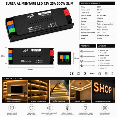 Sursa Alimentare LED 12V 300W 25A Slim Conectare Rapida Push-In DALBI 7E096 XXM