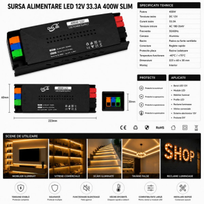 Sursa Alimentare LED 12V 400W 33.3A Slim Conectare Rapida Push-In DALBI 7E097 XXM