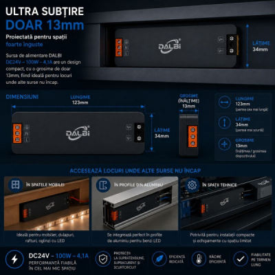 Sursa Alimentare LED 24V 100W 4.1A Ultra Slim 13mm DALBI 7E108 XXM