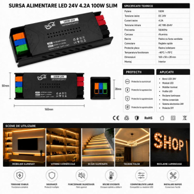 Sursa Alimentare LED 24V 100W 4.2A Slim Conectare Rapida Push-In DALBI 7E103 XXM