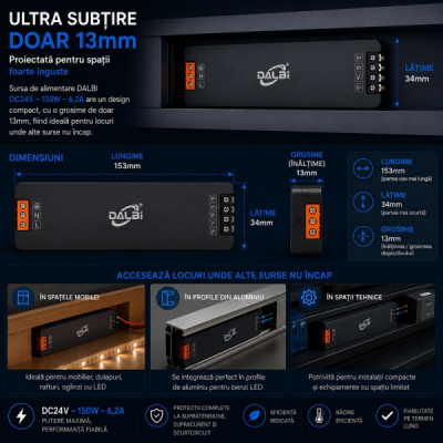 Sursa Alimentare LED 24V 150W 6.2A Ultra Slim 13mm DALBI 7E109 XXM