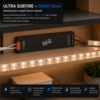 Sursa Alimentare LED 24V 150W 6.2A Ultra Slim 13mm DALBI 7E109 XXM