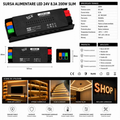 Sursa Alimentare LED 24V 200W 8.3A Slim Conectare Rapida Push-In DALBI 7E104 XXM