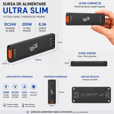 Sursa Alimentare LED 24V 200W 8A Ultra Slim 13mm DALBI 7E110 XXM