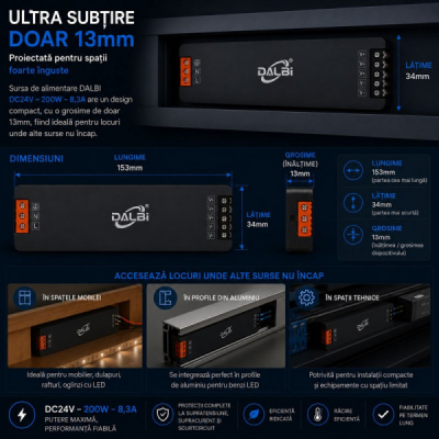 Sursa Alimentare LED 24V 200W 8A Ultra Slim 13mm DALBI 7E110 XXM