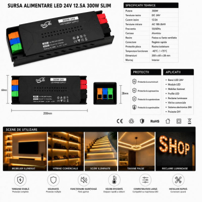 Sursa Alimentare LED 24V 300W 12.5A Slim Conectare Rapida Push-In DALBI 7E105 XXM