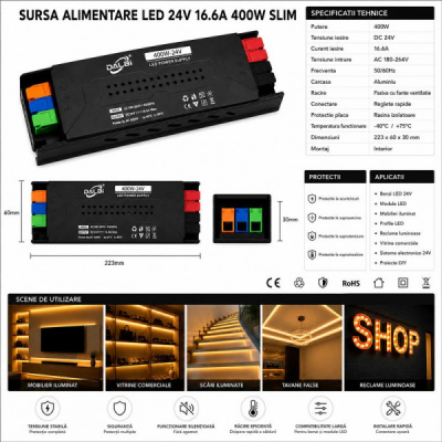 Sursa Alimentare LED 24V 400W 16.6A Slim Conectare Rapida Push-In DALBI 7E106 XXM