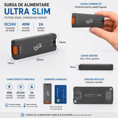 Sursa Alimentare LED 24V 48W 2A Ultra Slim 13mm DALBI 7E107 XXM