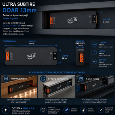 Sursa Alimentare LED 24V 48W 2A Ultra Slim 13mm DALBI 7E107 XXM