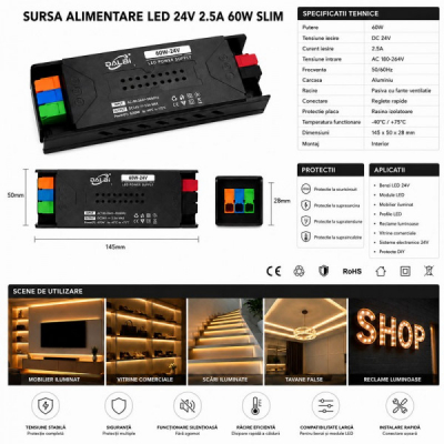 Sursa Alimentare LED 24V 60W 2.5A Slim Conectare Rapida Push-In DALBI 7E102 XXM