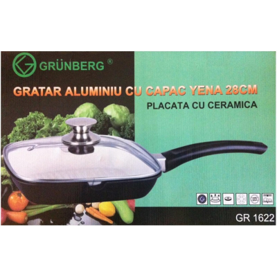Tigaie Grill Ceramic cu Capac Sticla Grunberg GR1622