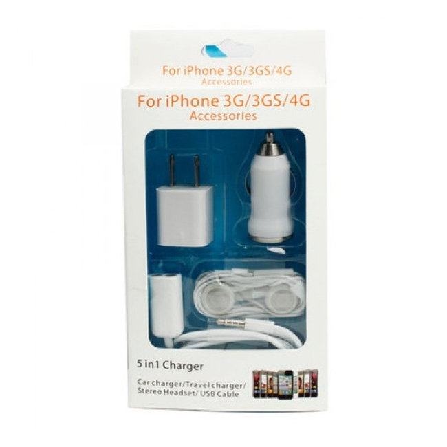 5in1 Incarcator USB, Auto, Priza, Casti, Splitter Casti iPhone 3 3GS, 4, 4S