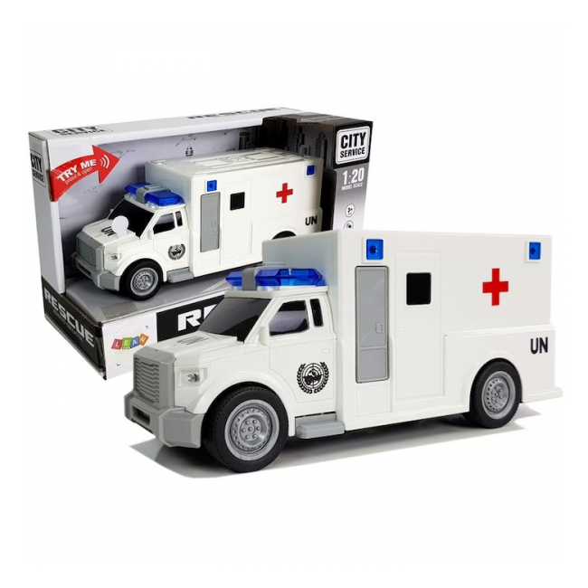 Ambulanta cu tractiune volanta alba 1:20 cu sunet WY670C CWT