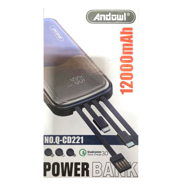 Baterie Externa cu Cabluri si Mufe Incorporate 12000 Andowl QCD221