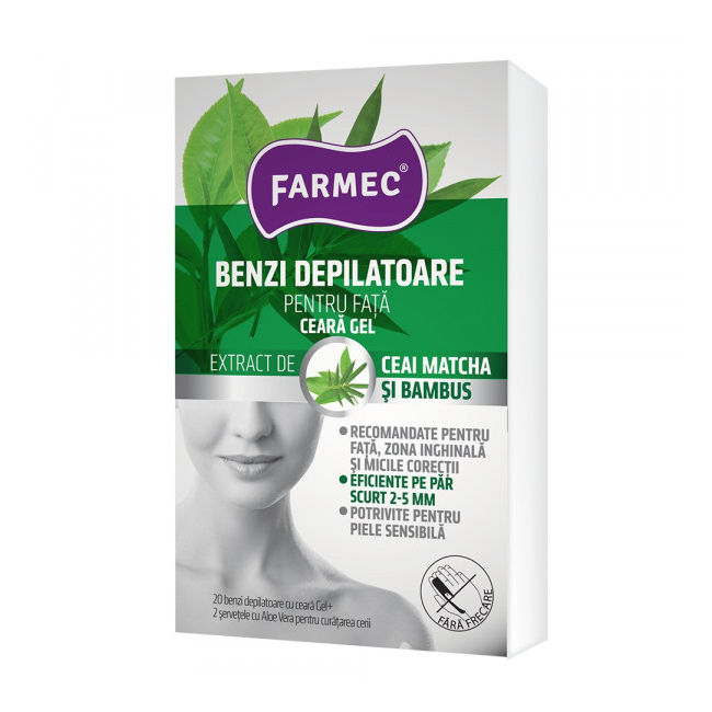 Benzi depilatoare pentru fata cu ceara gel 20 benzi Farmec DNC33898