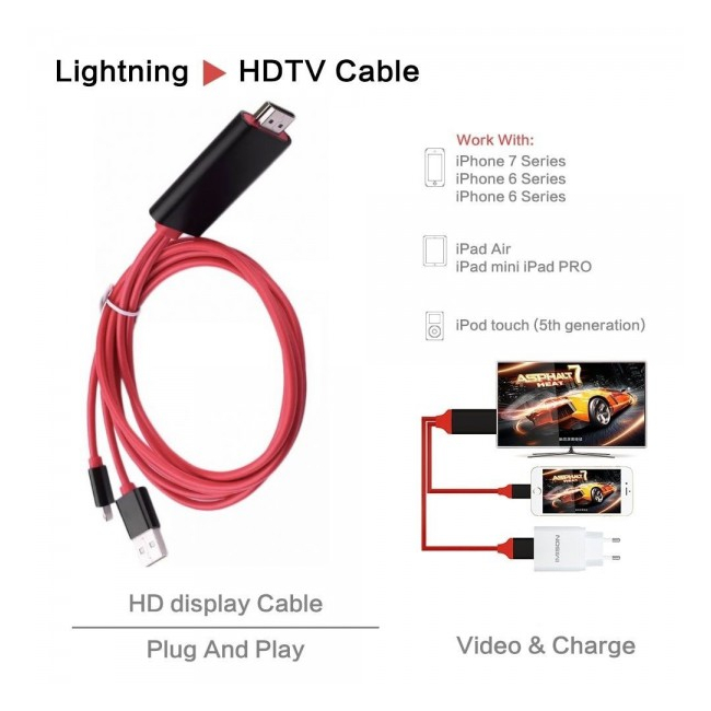 Cablu HDTV 2m Adaptor HDMI 1080P Conectare iPhone 6 6s 7 IOS 10 la TV