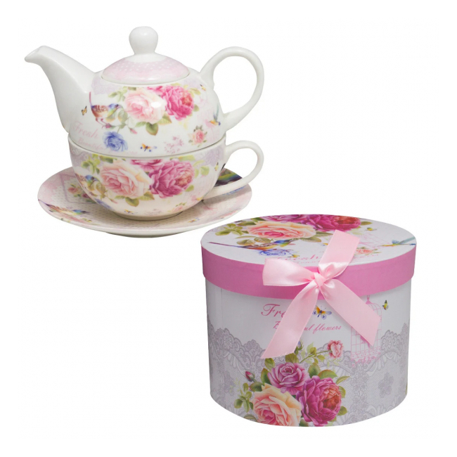 Ceainic Portelan cu Ceasca si Farfurie Premium in Cutie Cadou 350ml P317 DNB