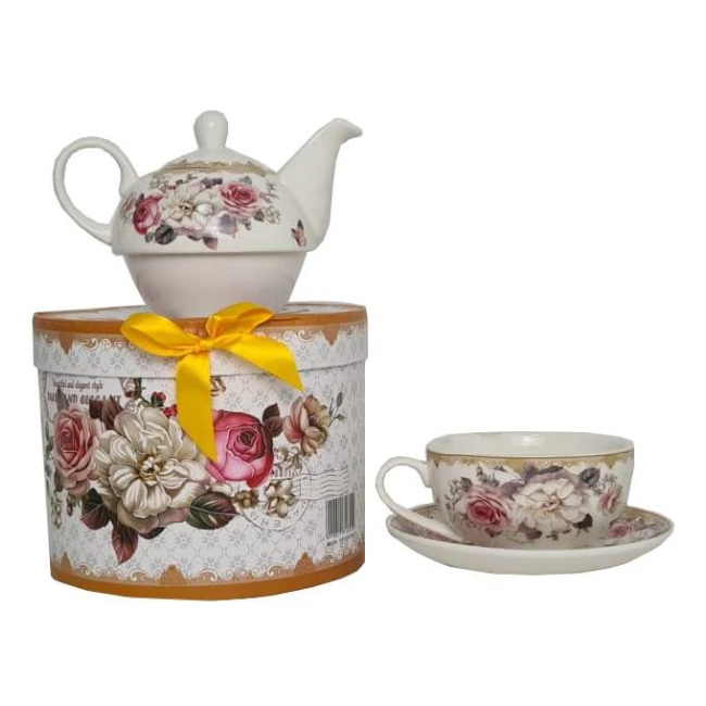 Ceainic Portelan cu Ceasca si Farfurie Premium in Cutie Cadou 350ml P446 DNB