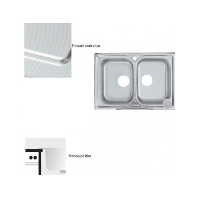 Chiuveta inox 2 cuve blat 80x50cm anticalcar FREDDO SN9007