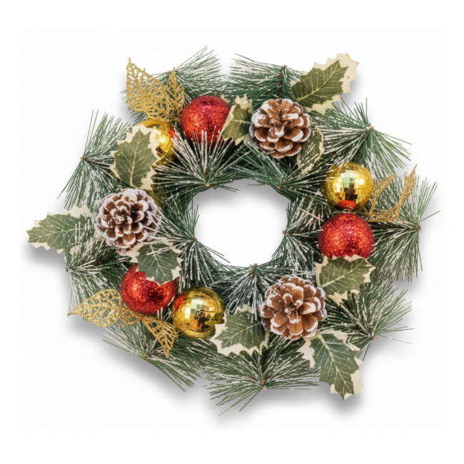 Coronita Artificiala Craciun 30cm Frunze Globuri Conuri Grunberg CDC338