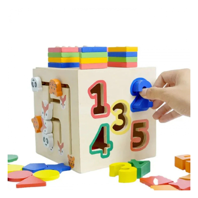 Cub educativ copii multifunctional Lemn 14.5cm sortare forme, cifre, animale CWT