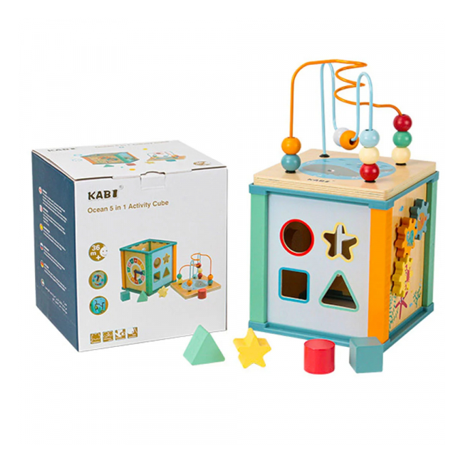 Cub educativ Copii din lemn Kabi Ocean 5in1 Activity Cube 0107 CWT