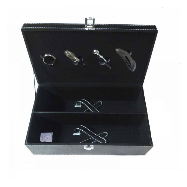 Cutie Cadou din Piele Pentru 2 Sticle Vin cu 4 Accesorii