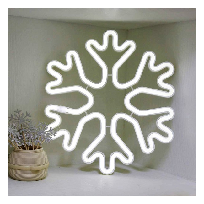 Decoratiuni Craciun Neon 2 Fete Fulg de Nea 40x40cm Alb Rece Luminos