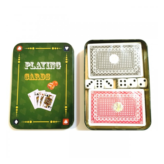 Doua Seturi Carti de Joc din Plastic si Zaruri, Cutie Metal