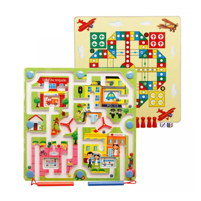 Joc labirint 2in1 pentru copii din lemn 2 jocuri oras/avioane 25x25x1.5cm MWZ-3089 CWT