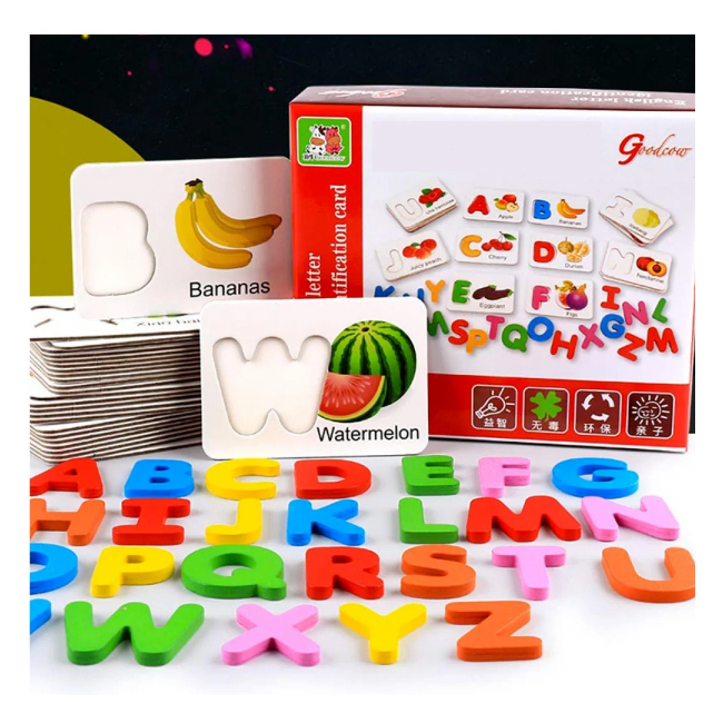 Joc lemn educativ Litere 3D cu cartonase cu fructe DN-028 CWT