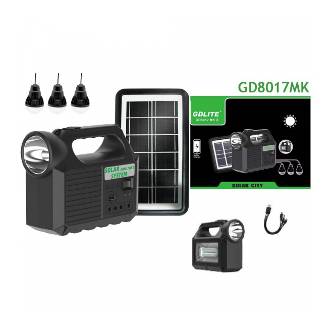 Kit Solar cu Lanterna LED, USB, 3 Becuri, 6V 4Ah GDLite GD8017MKII
